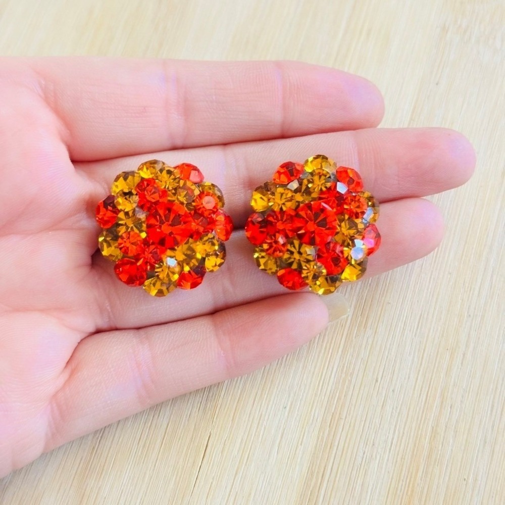 VTG Sparkly Orange Yellow Austrian Crystal Earrings Rhinestone Pierced Flashy